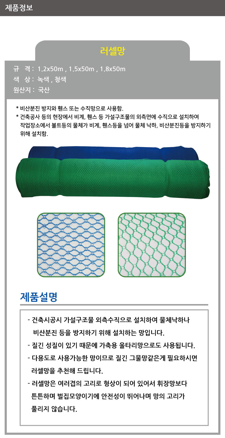 러셀망(벌집망)/WS/1.5*50m/녹,청