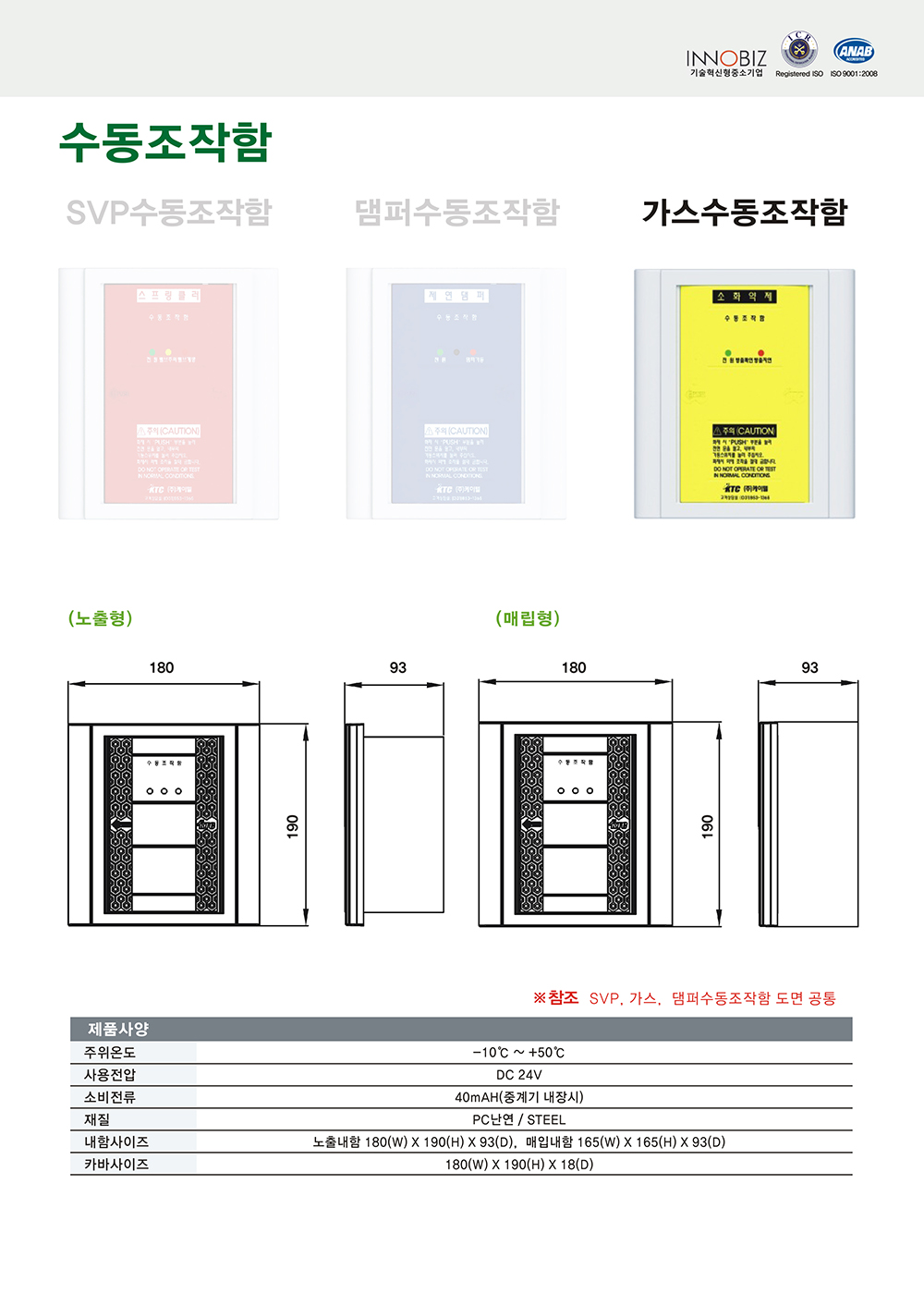가스수동조작함/소화액체/매립형/케이텔/180(W)*190(H)*93(D)/식