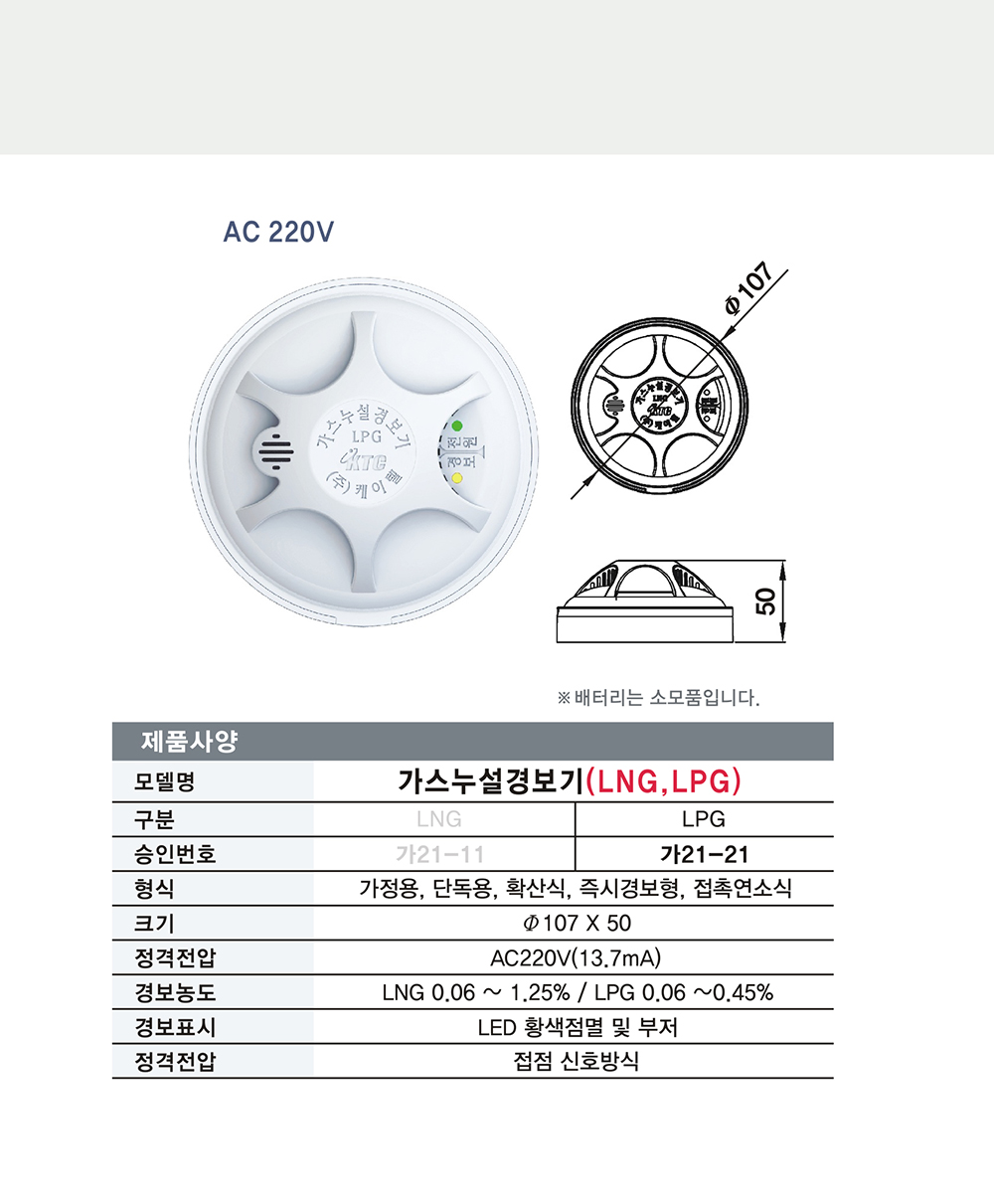 가스누설 경보기(LPG)/케이텔/가21-21/Ø107*50/개