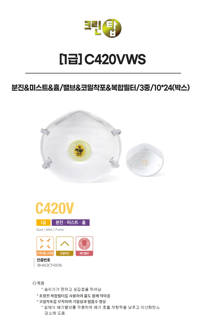 C420VWS/1급/크린탑/분진&미스트&흄/밸브&코밀착포&복합필터/3중/10*24(박스)