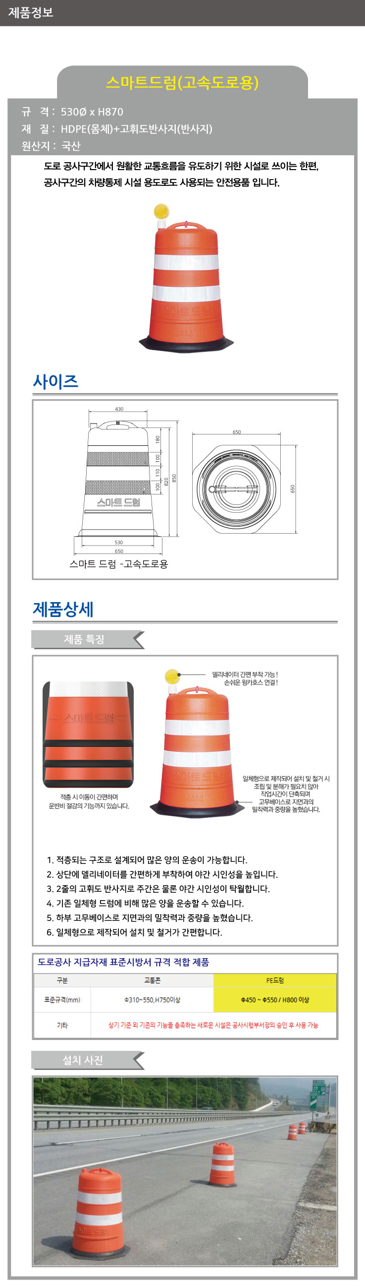 드럼/PE드럼(일체형)/고속도로용/WS/HDPE/Ф530*H800